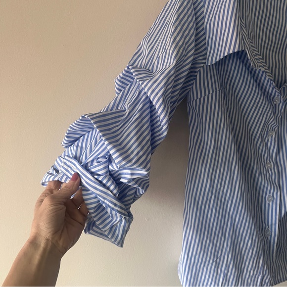 Womens Blue Striped Ruffle Sleeve Off the Shoulder Top Blouse Size S - Picture 7 of 11